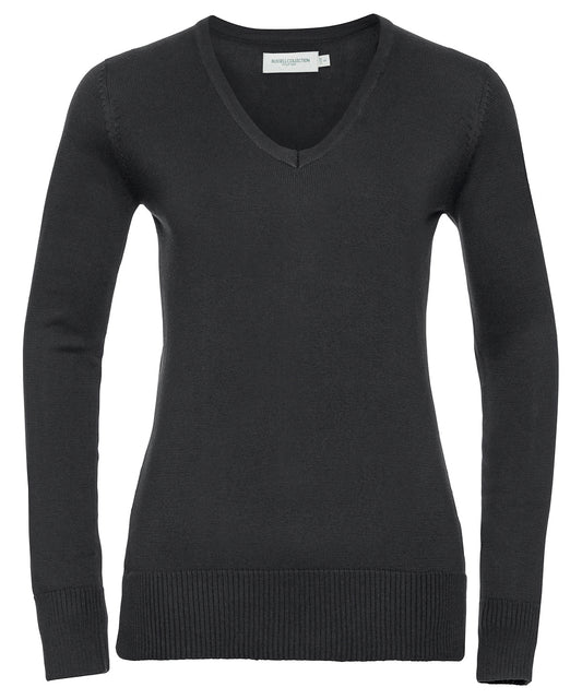Personalised Knitted Jumpers - Black Russell Collection Women's v-neck knitted sweater
