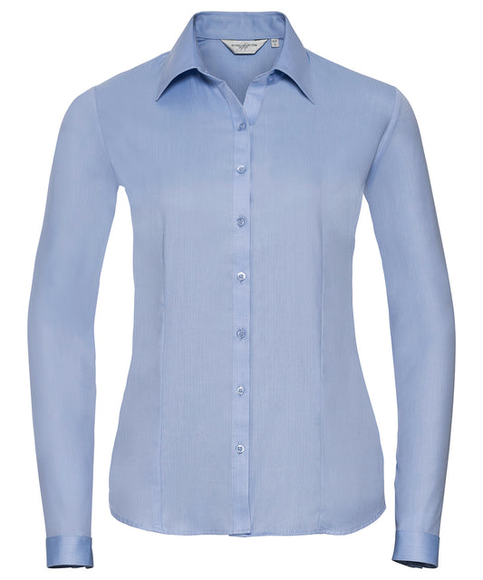 Personalised Shirts - Light Blue Russell Collection Women's long sleeve herringbone shirt