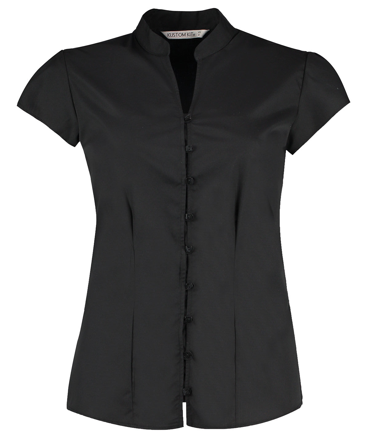 Personalised Blouses - Black Kustom Kit Women's continental blouse mandarin collar cap sleeve (tailored fit)