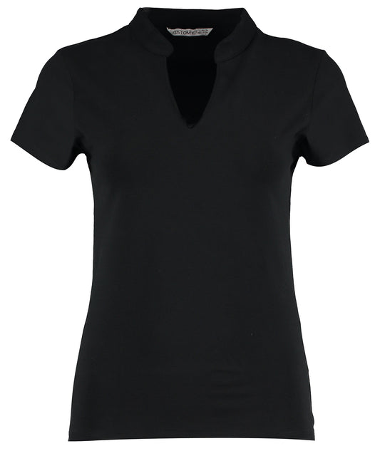 Personalised T-Shirts - Black Kustom Kit Women's corporate short-sleeved top v-neck mandarin collar (regular fit)