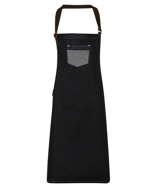 Personalised Aprons - Black Premier Division waxed-look denim bib apron with faux leather