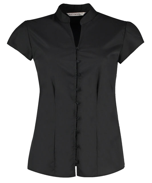 Personalised Blouses - Black Kustom Kit Women's continental blouse mandarin collar cap sleeve (tailored fit)