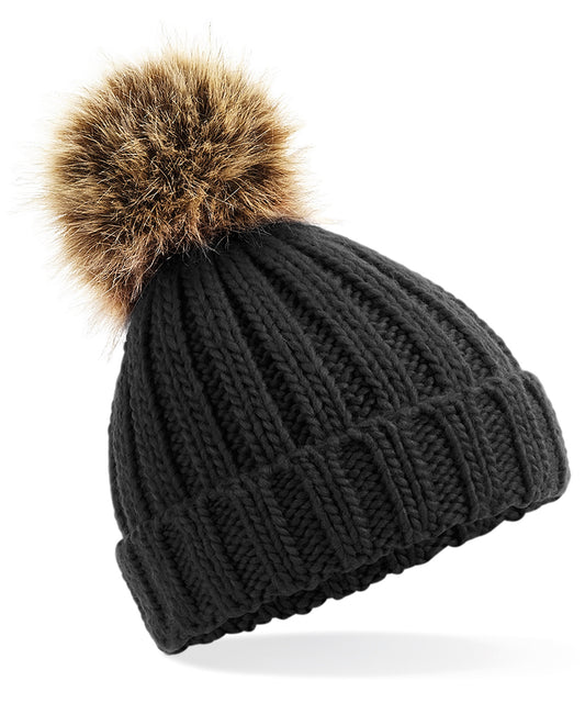 Personalised Hats - Black Beechfield Infant/junior fur pom pom chunky beanie